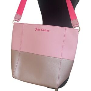 Juicy Couture Pink Bucket Bag Purse Metallic Rose Gold Blush Gold Hardware Neon